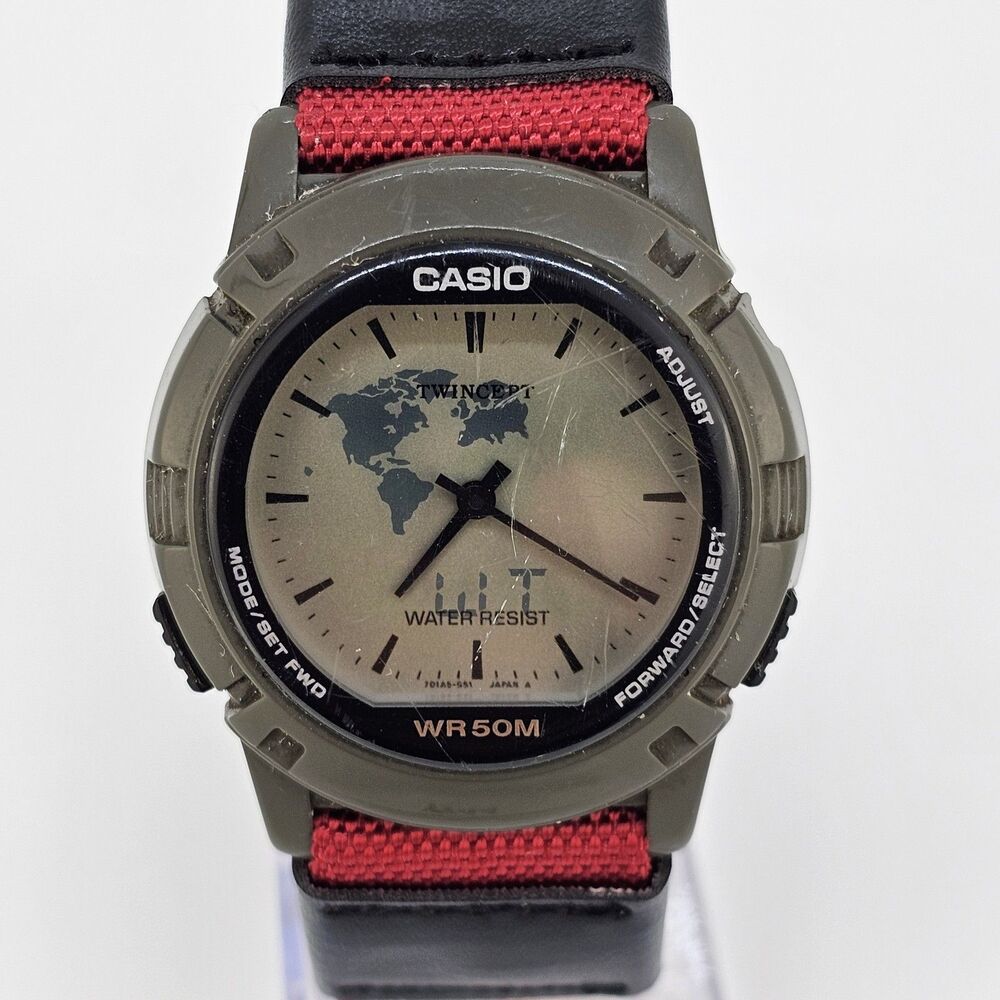 VTG Casio Men's Watch 37MM World Time Twincept ABX-20 New Canvas Bands‎ Battery